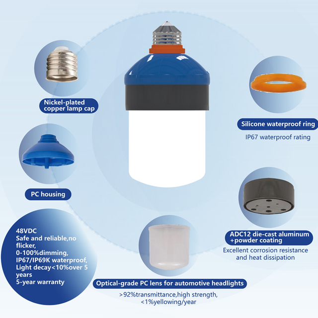 VANPU DC48V LED Dimmable IP67 Poultry Farm Bulb with 5-Year Warranty CRI 85 Aluminum E27 Color Switchable