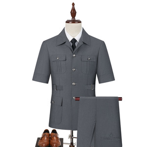 Completo da Uomo Grigio Multi-Tasca a Maniche Corte, 2 Pezzi, Vestibilità Slim, <span class=keywords><strong>Blazer</strong></span> Formale con Risvolto e Bottoni, con Pantaloni per Lavoro Quotidiano - Product Image 2