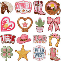Patch Bordir Aplikasi Koboi Barat, Kuda, Kaktus, Warna Pink, Howdy Cowgirl, untuk Topi Trucker, Jaket, Jeans