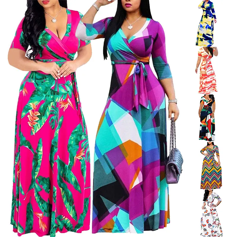 Women's Sexy V Neck 3/4 Sleeve Kaftan Dresses African Turkey Women Clothing Ditsy Floral Printed Party Loose Long Maxi Dress