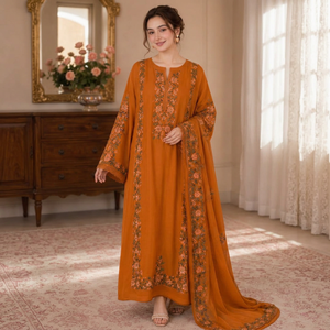 Orange Cotton Viscose Embroidered Floor-Length <b>Kurta</b> <b>Women</b> Traditional Loose Fit Casual Wear India Pakistan Style - Product Image 1