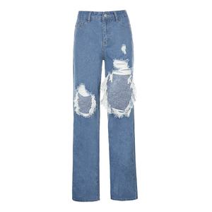 Pantalones Vaqueros de Mezclilla Transpirables Personalizados para Mujer, Corte Holgado, Cintura Alta, Diseño Asimétrico, Lavado a la Piedra, Rotos, Talla Grande - Product Image 1
