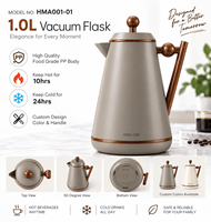 Carafe isotherme en verre de 1,0 L avec revêtement en PP de qualité alimentaire, poignée en bois, maintient au chaud 10h et au froid 24h