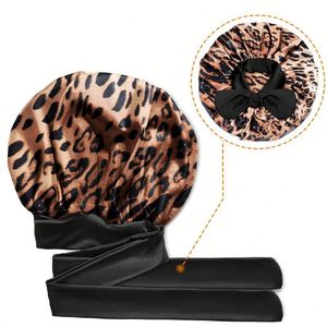 Bonnet de nuit en satin extra large avec bande à nouer, imprimé léopard, bonnet de sommeil en soie pour femmes aux cheveux bouclés - Product Image 1