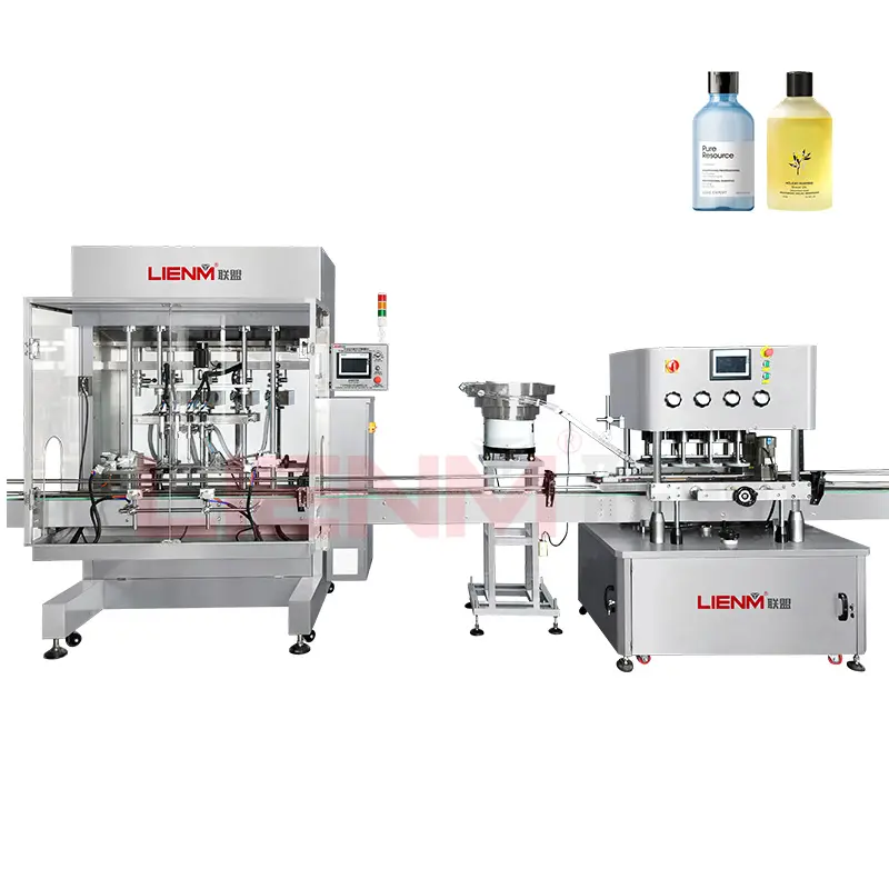 LIENM 4 diving nozzles piston pump automatic linear cnc oil liquid water filler with conveyor for perfume lotion filling machine