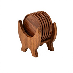 Wooden <b>Coaster</b> <b>Set</b> Round Natural Wood Mats <b>with</b> <b>Holder</b> Modern Table Decor Reusable Drink Pads for Home Use - Product Image 1
