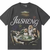Camiseta de Hombre Vintage Hip Hop con Estampado Animal, Cuello Redondo, 100% Algodón Pesado, Ajuste Regular, Estilo Cropped, con Pedrería y Lavado Ácido, Impresión DTG