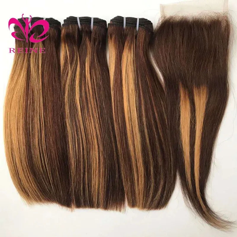 Bone Straight Wholesale 100% Human Double Drawn Remy Full Cuticle Free Sample Vietnam Hair with 4*4 closure Highlight color
