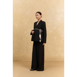 <b>2</b> <b>Piece</b> Long <b>Set</b> Solid Breathable Silk Office 78% Polyester 18% Rayon 4% Spandex Full Length Notched Collar Full Women's <b>Sets</b> - Product Image 4
