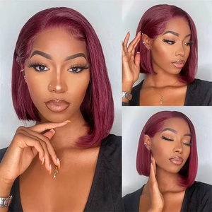 Peluca de Cabello Humano Liso Corto <span class=keywords><strong>Bob</strong></span> 99j Borgoña Pre-arrancada con Color, Encaje Frontal Completo HD Transparente 13x4, 10-14 Pulgadas, 200 Densidad - Product Image 3