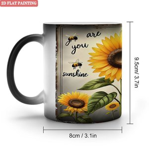 Mug en céramique noir givré de 11 oz à changement de couleur avec motif tournesol, base antidérapante, tasse de table anti-rayures - Product Image 1