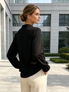 Chemisier personnalisé pour femme, col en V, manches ballon, boutons sur le devant, coupe ample, élégant, pour le bureau, les sorties, les fêtes, les rendez-vous - Product Image 3