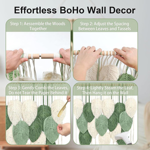 Grande <span class=keywords><strong>tapisserie</strong></span> murale en macramé, style bohème chic, avec feuilles tissées rose et vert, en fibre <span class=keywords><strong>de</strong></span> coton faite à la main, avec bâton en bois amovible - Product Image 6