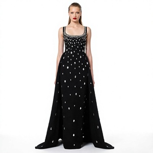 Robe de soirée noire perlée, longue, coupe trapèze, col carré, avec taille naturelle, idéale pour les banquets et les fêtes - Product Image 4