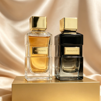 Flacon de parfum en verre carré plat de haute qualité, nouveau design, vide, 30 ml, 50 ml, 100 ml, avec pulvérisateur à sertir, boîte et couvercle personnalisés