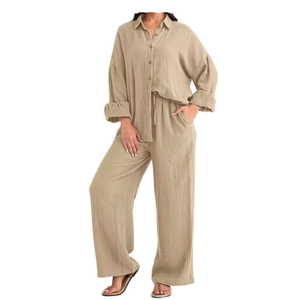 Conjunto de 2 Piezas de Lino y Algodón Holgado para Mujer, Color Sólido, Cuello Camisero, Manga Larga, Pantalones Anchos, Casual, para Todas las Temporadas - Product Image 1