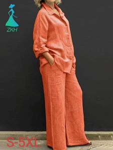 2024 New Arrival Women's Leisure Suit Solid Print Cotton <strong>Linen</strong> <strong>Two</strong> <strong>Piece</strong> Set with Long Sleeve Top and Pants - Product Image 1