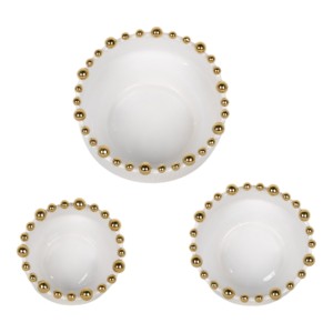 Set di tre ciotole moderne in ceramica bianca con bordo decorato a perline, ideali per servire, come centrotavola per tavolino da caffè o piano cucina. - Product Image 3