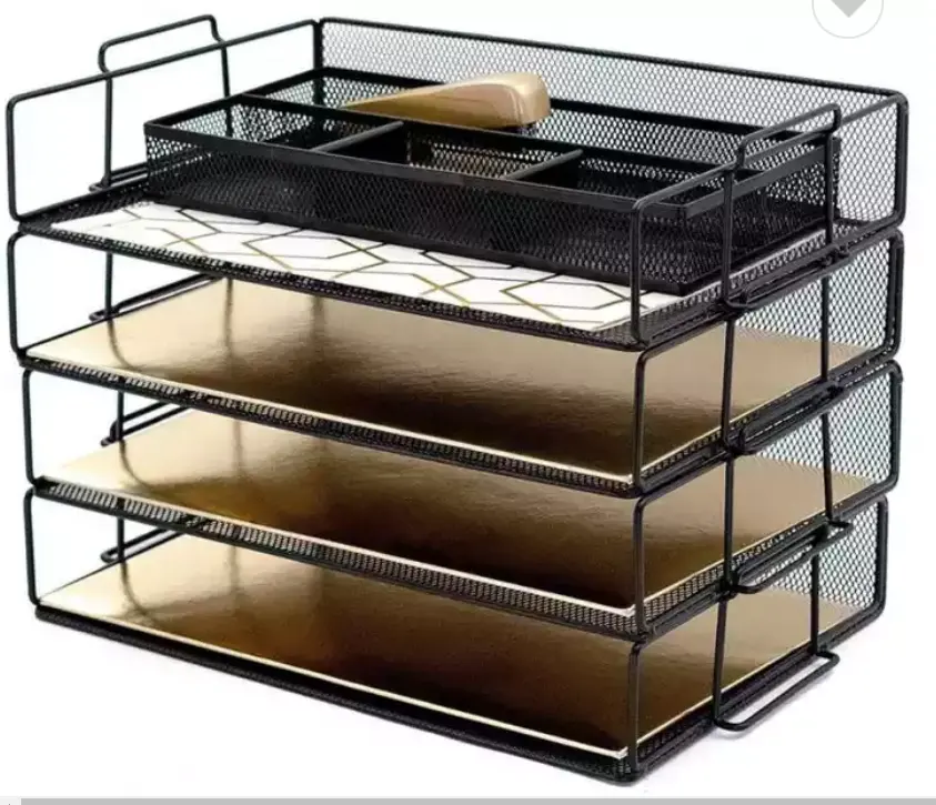 4 Tingkat Stackable Surat Nampan Stackable Kertas Tray Hitam Logam Mesh Meja File Pemegang Organizer Tray