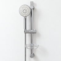 Ensemble de douche chromé pratique avec douchette à main, flexible, support de douche réglable en hauteur sans perçage et étagère à savon intégrée