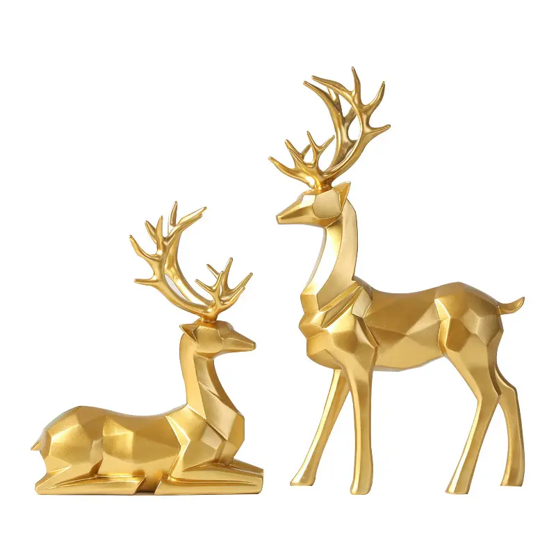 Nordic Style Standing and Sitting Reindeer Resin Sculpture 2Pcs Gold Christmas Deer Ornaments Desktop Decor