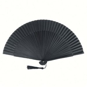 พัดไม้ไผ่แกะสลักแบบดั้งเดิม เป็นมิตรกับสิ่งแวดล้อม พร้อมห่วงเหล็กและผ้าดีไซน์แคบ สีดำล้วน ผลิตจากหูหนาน - Product Image 1