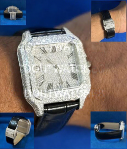 Montre de luxe pour homme, mécanique, en acier inoxydable, avec verre carré, résistante à l'eau 10 bars, entièrement sertie de diamants Moissanite, style business - Product Image 1