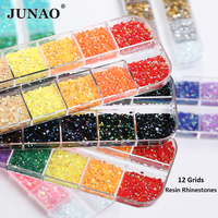 JUNAO Nouveau Design Mix Jelly Résine Pierres Kits Dos Plat 2mm 3mm Cristal Vente en Gros 12 Grilles Résine Strass pour Manucure DIY