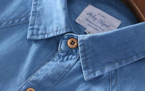 <span class=keywords><strong>Camicia</strong></span> da uomo in cotone 100% estivo RNSHANGER a maniche corte in Denim sottile morbida e sottile <span class=keywords><strong>Jeans</strong></span> tinta unita con colletto rovesciato e tasca - Product Image 5