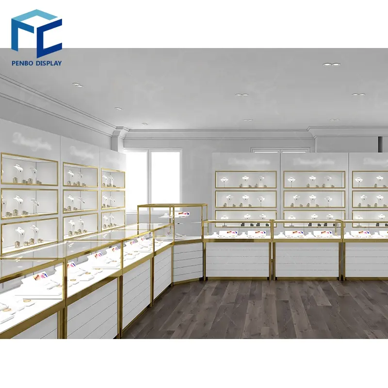 Custom Jewelry Shop Decoration Furniture Design Gold Glass Display Counter Cabinet Jewelry Shop Interior Design