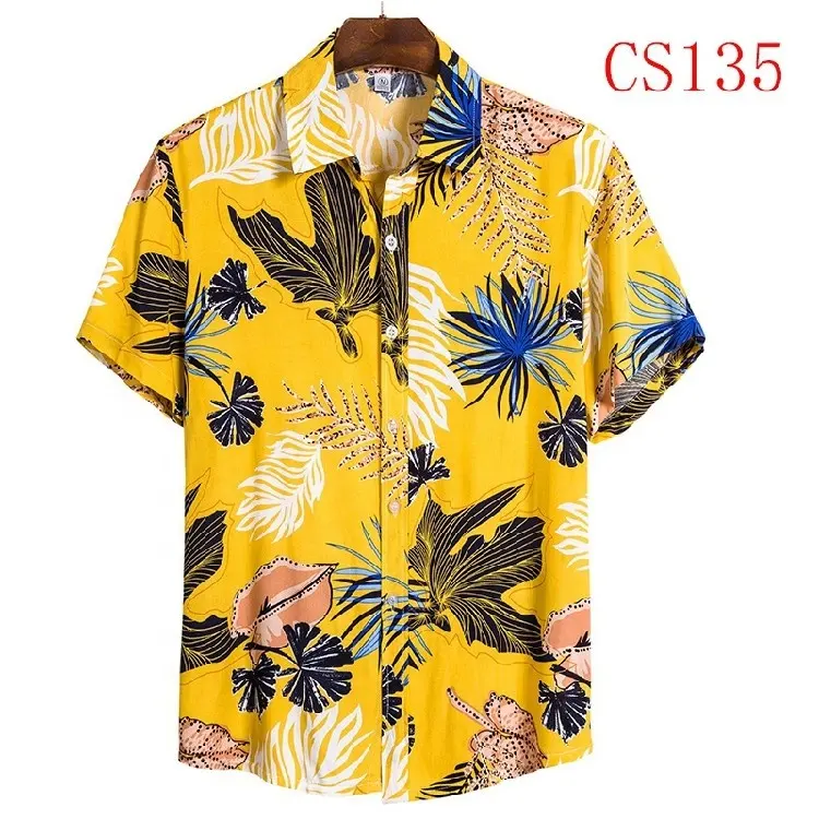 Camisa havaiana masculina de manga curta, casual, botão para baixo, camisa havaiana de linho e algodão, 2022