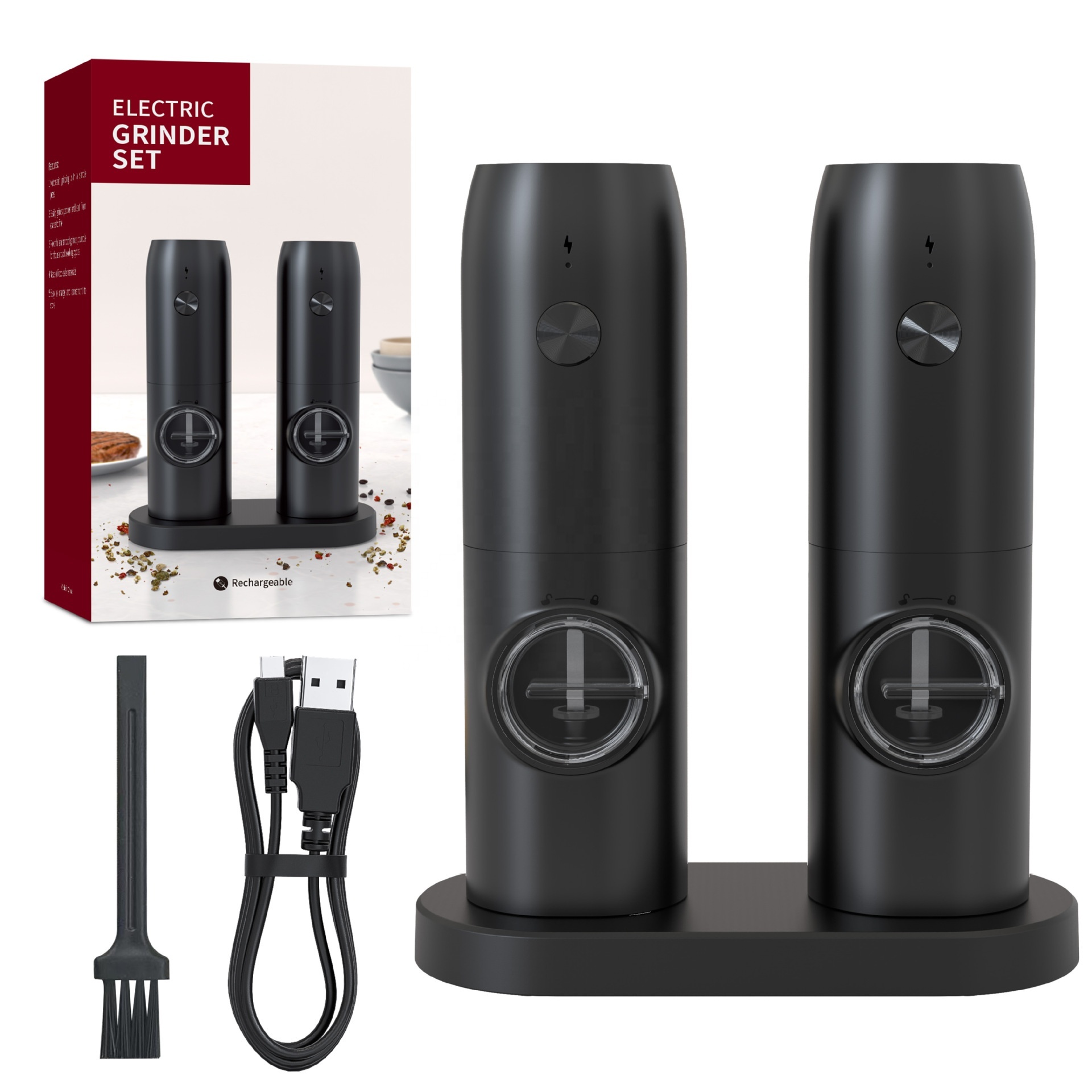 Горячая распродажа, перезаряжаемая USB-мельница, набор для соли и перца, электрическая мельница для соли и перца, кухонные инструменты с зарядным основанием