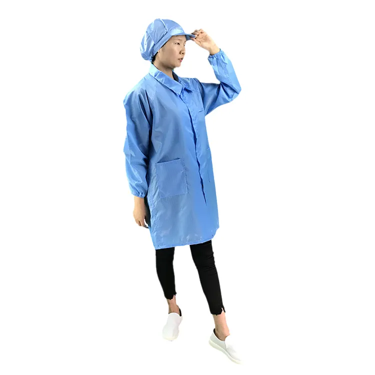 Blue Lapel Polyester Safety Working Anti Static Cloth Cleanroom Lab ESD Smock Antistatic Gown