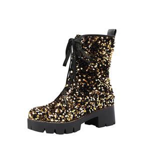 Novíssimas Botas Curtas Femininas de Salto Alto com Cadarço e Lantejoulas, Moda Outono/Inverno, Salto de 9cm, Palmilha de Madeira, Elegantes, Atacado de Fábrica - Product Image 1