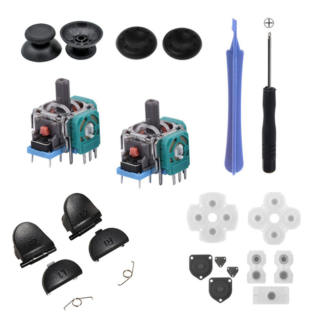 New Replacement Parts Rocker Pad Thumb Stick Grip Trigger Button Spring Tri-Wing Screwdriver Kit for Ps4 Controller