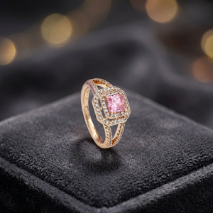 Luxury Brass Pink Square Crystal <b>Ring</b> Rose Gold Plated Double Halo Cubic Zirconia <b>Statement</b> <b>Ring</b> For Women - Product Image 3