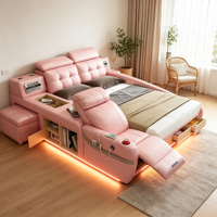 Lit double multifonction en cuir véritable avec massage, haut-parleurs et rangement pour chambre principale et home cinéma