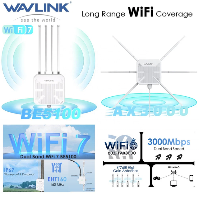 Top Quality Long Range WiFi Coverage 1KM Mesh/AP/Repeater/Router Mode Farm Starlink Compatible BE5100 Wavlink WiFi 7