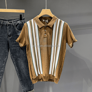 Мужская рубашка-поло в британском стиле в стиле ретро, легкая зрелая трикотажная рубашка с короткими рукавами и контрастными вертикальными полосами, слегка свободная - Product Image 6