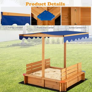Kids Sandbox, Wooden Square Sandpit with Canopy, Built-in Seat, Bottom <b>Liner</b>, Outdoor Sand Box for Backyard <b>Garden</b> Beach - Product Image 4