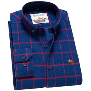 Good quality factory cotton plaid dress shirt blue color soft near skin breathable strech fabric long sleeve male shirt