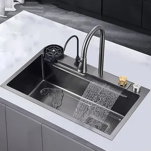 Şelale musluk ile modern paslanmaz çelik el yapımı mutfak lavabosu