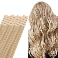 Extensions capillaires russes Remy à bandes adhésives, 40 pièces, 100g, 18 pouces, double épaisseur, blond clair avec mèches blond doré, lisses