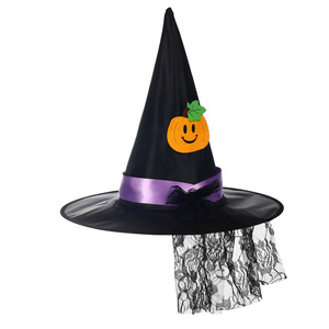 Chapeau de sorcière noir en gros avec dentelle citrouille et ruban violet pour Halloween, accessoire de costume adulte, décoration de fête - Product Image 5