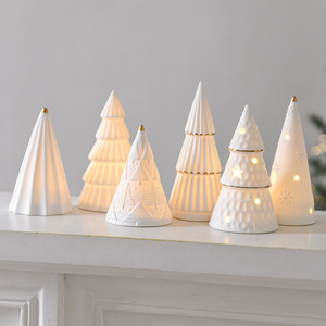 LINGKAI <b>LED</b> <b>Lighted</b> Ceramic Christmas Tree Figurine White Porcelain Table Decor Gold Trim Holiday Indoor Xmas Ornament Gift - Product Image 1