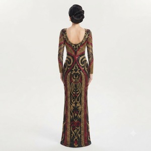 Robe de soirée élégante pour femmes, faite à la main, ornée de perles, avec des paillettes dorées et rubis, manches longues ajustées, tulle noir transparent - Product Image 2
