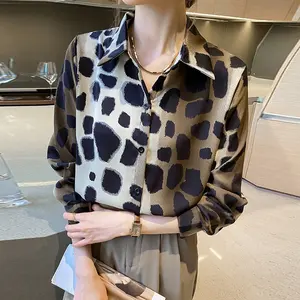 Ready Stock European and American Style Women's Leopard Print Loose Lapel Long-sleeved Fashion Shirt
