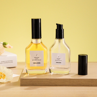 Flacon carré plat en verre transparent 50 ml avec pompe à pression pour huile capillaire, huile corporelle, contenant cosmétique DIY avec couvercle anti-poussière