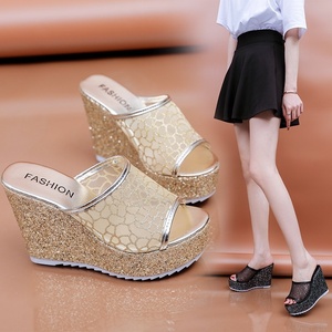Sandales de commerce extérieur pour femmes, nouvelle mode, à talon compensé ultra-haut, bout ouvert, en maille, à bride unique, à enfiler - Product Image 3
