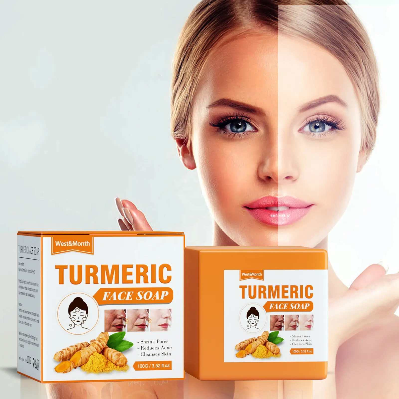 West & Maand Private Label 100% Natuurlijke Kruiden Anti Acne Vervagen Littekens Donkere Vlekken Voor Huid Whitening Kurkuma Kojic Zuur Gezicht Zeep